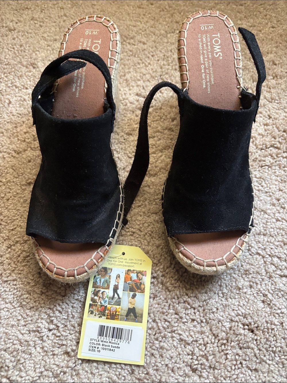 TOMS Women's Monica Black Suede Slingback Espadrille Wedge Sandals.